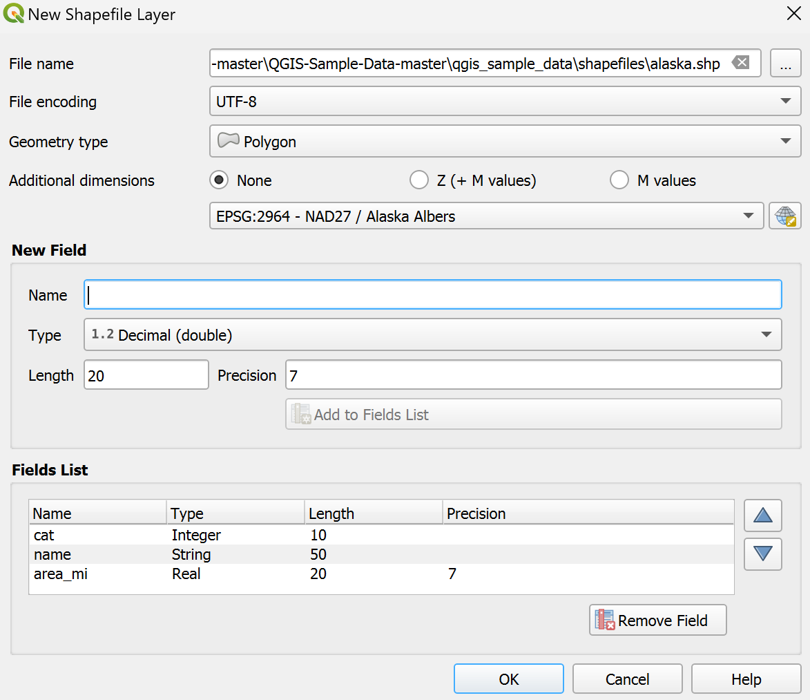 نافذة New Shapefile Layer
