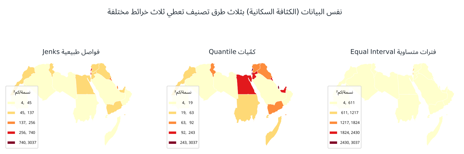الكثافة السكانية بثلاث طرق تصنيف
