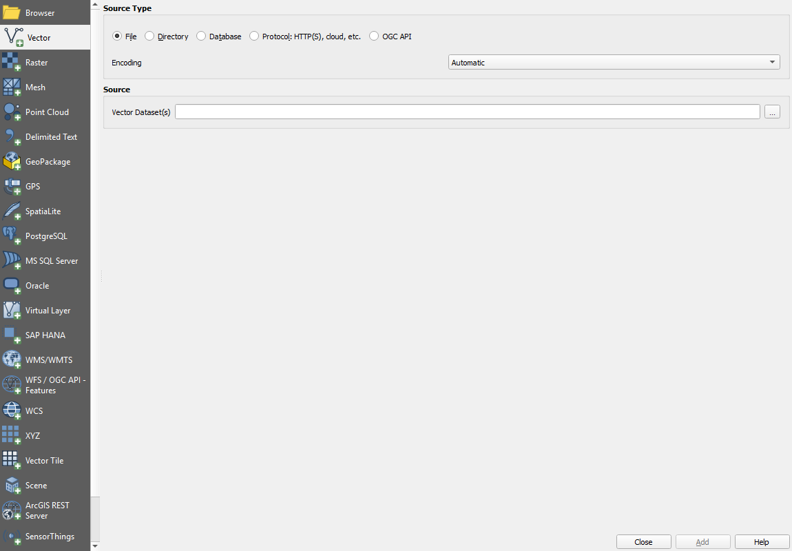 نافذة Data Source Manager بصفحة Vector