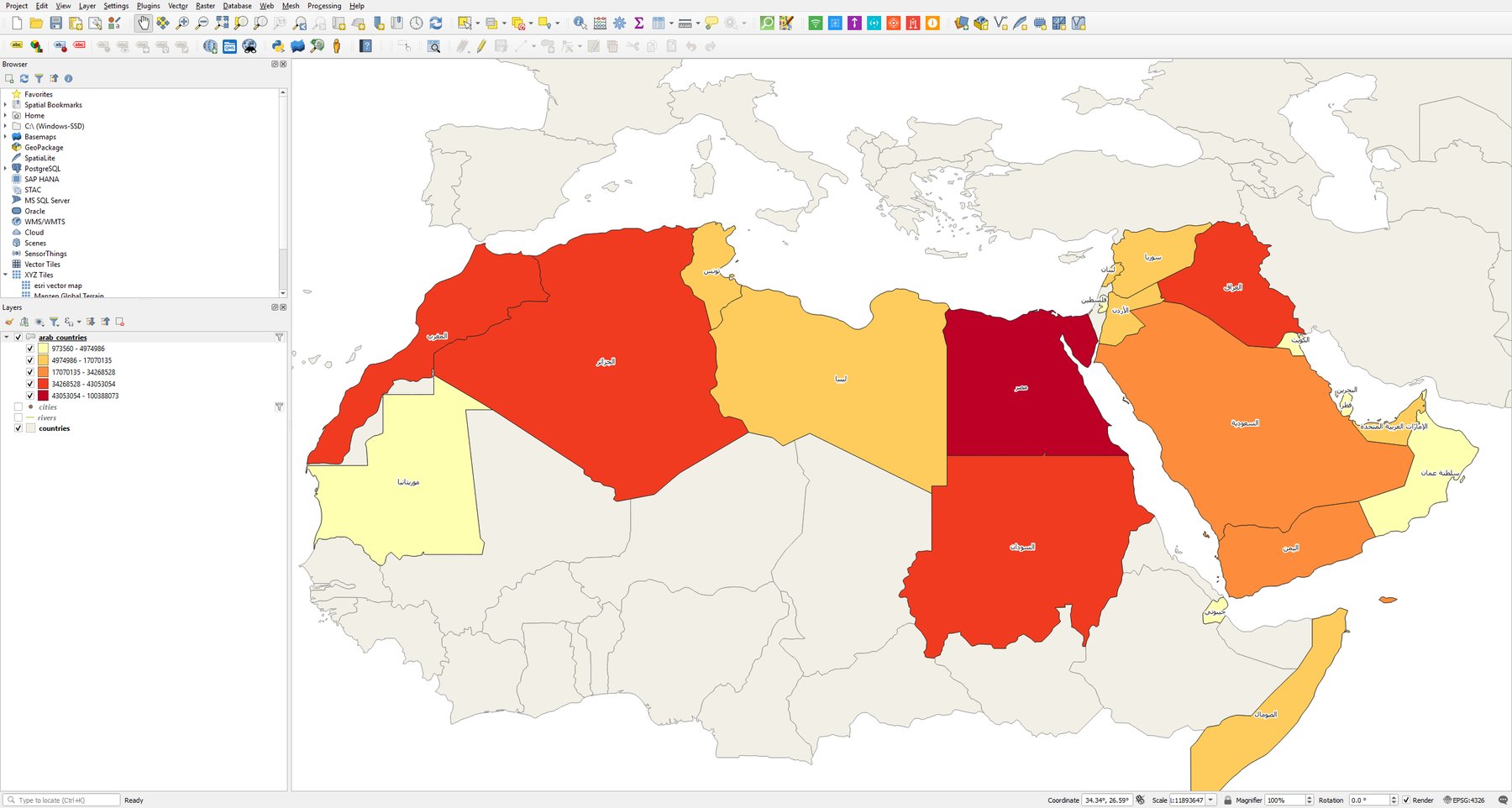 النتيجة: خريطة تدرّجية لعدد السكان مع تسميات عربية