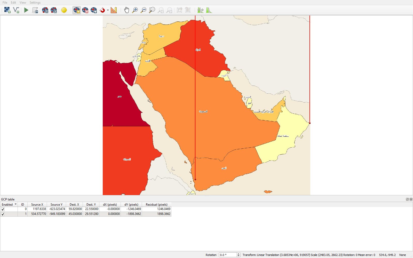 أداة Georeferencer مع الصورة وجدول نقاط التحكم GCP table أسفلها