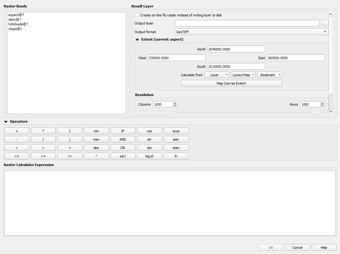 نافذة Raster Calculator